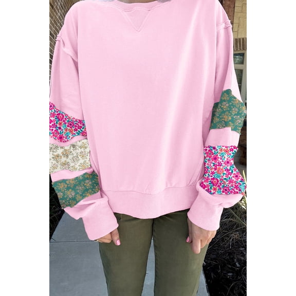Pink Plus Size Mix Floral Patched Sleeve Ribbed Trim Baggy Sweatshirt