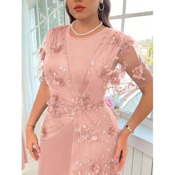 Pink Plus Size Womens Elegant Floral Embellished Twist Front Dress With Sheer Short Sleeves And Round Neck