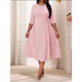 thumbnail image 1 of Pink Plus Size Womens Fit & Flare Midi Dress With 3/4 Sleeve And Round Neck, 1 of 5