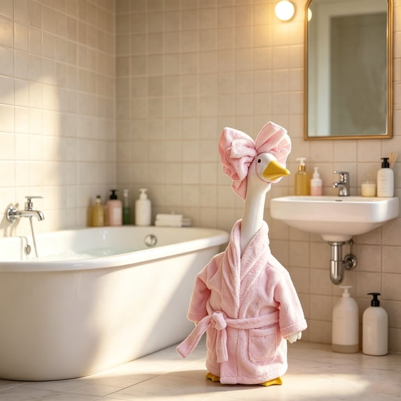 Pink Plush Bathrobe Porch Goose Outfit, Cozy Towel Bow Headpiece Set for 23" Goose Statue Bathroom Entryway Patio Decoration