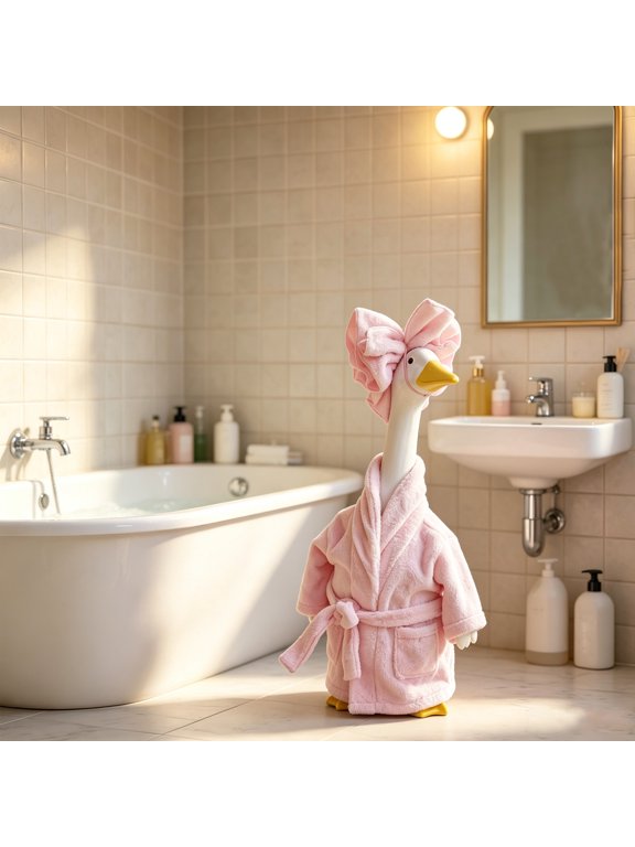 Pink Plush Bathrobe Porch Goose Outfit, Cozy Towel Bow Headpiece Set for 23" Goose Statue Bathroom Entryway Patio Decoration