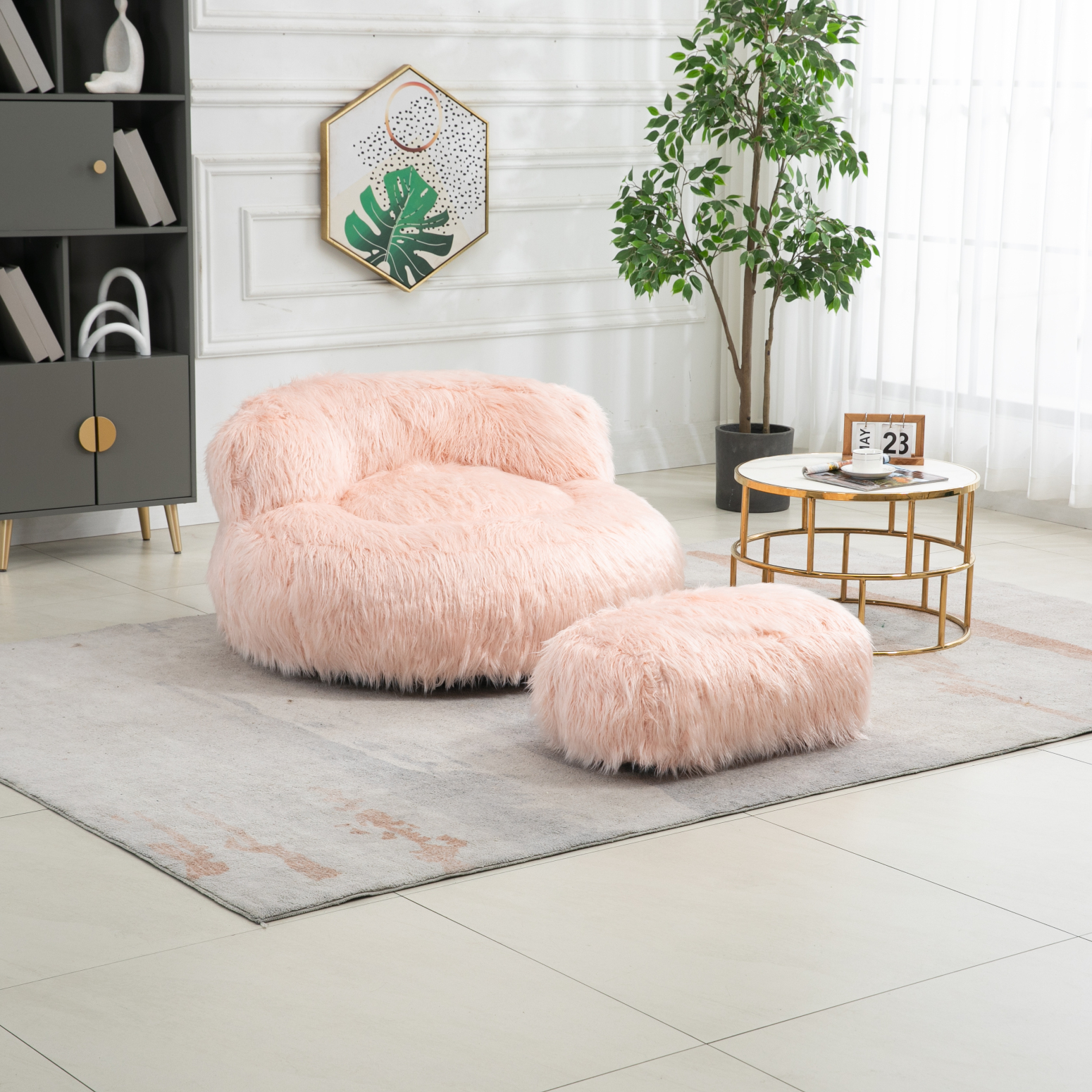 Pink Plush Bean Bag Chair with Footstool Soft and Ultra Comfortable