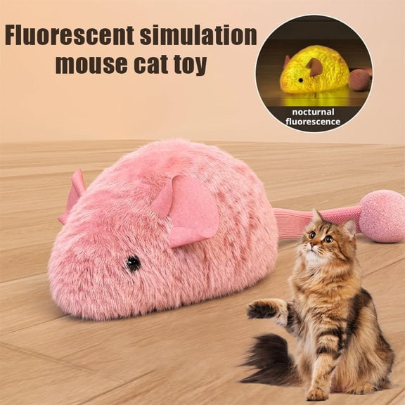 Pink Plush Cat Toy Mouse, 6 Inch Fluorescent for Dim Light, Enhances Interactive Play and Auditory Reflexes2pcs,1set