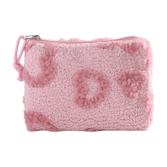 Pink Plush Heart Makeup Pouch With Zipper For Lipstick Cosmetic Accessories Home Travel Office Organizer Bag