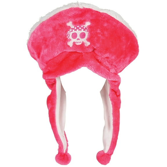 Pink Plush Pirate Hat Skull And Crossbones Ear Cover Flaps Costume Accessory