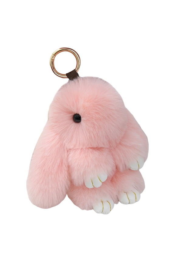 Pink Plush Rabbit Keychain, 5.12 inch / 13 cm Cute Bunny Pendant with Plaid Bowknot, Soft Faux Rex Fur for Handbag Charms, Car Key Accessories, Adorable Fluffy Animal Decor