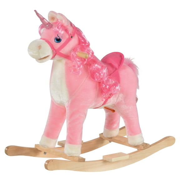 Pink Plush Rocking Horse for Toddlers 3-6 Years Old, Unicorn Ride On Toy with Wooden Base, Tail Wag & Sounds, Interactive Kids Ride On Toys for Balance and Coordination