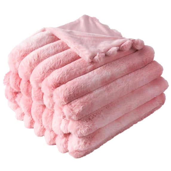Battilo Pink Plush Striped Rabbit Fur Blanket,Faux Fur Throws,Fuzzy Blanket for Home Decor,60"x80"
