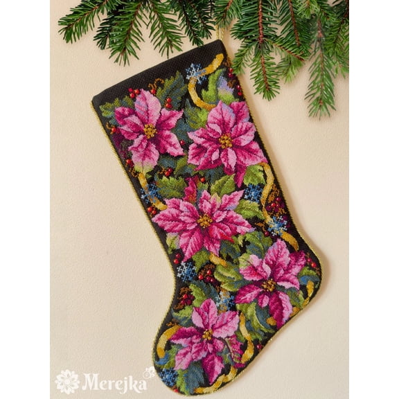 Merejka K-262 Pink Poinsettia Christmas Stocking Cross Stitch Kit, Cotton, Multi-Colour, 35x22 cm
