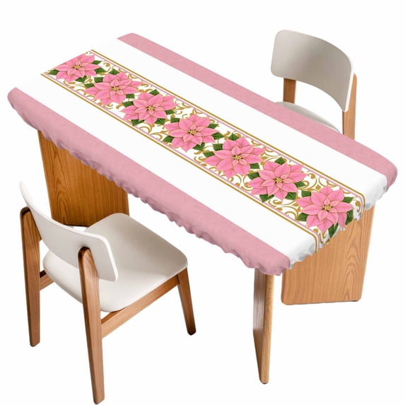 Pink Poinsettia Christmas Table Cloths for 6 Foot Rectangle Tables, Xmas Botanical Winter Floral Patio Waterproof Elastic Fitted Tablecloths, Washable Rectangular Table Cover for Camping