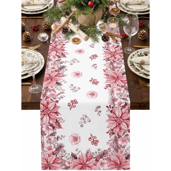 Pink Poinsettia Flowers Table Runner, Winter Watercolor Xmas Floral Leaves Washable Cotton Linen Table Runners 36 Inches Long, Dresser Scarf Runner for Nightstand/End Tables/Round Tables 13''x36''