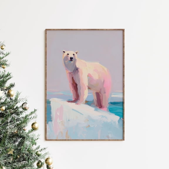 Pink Polar Bear Winter Festive Wall Art Arctic Winter Print Vintage Festive Decor Pastel Wildlife Nursery Artwork Bear Wall Art Polar Bear Poster, Stretched Canvas Size 16x24 F03.1.15l1307