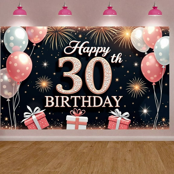 Pink Polka Dot 30th Birthday Banner Decor Happy Birthday Display Gold Fireworks Gift Box Birthday Backdrop for 30th Birthday Party Indoor Decoration Photo Shoot