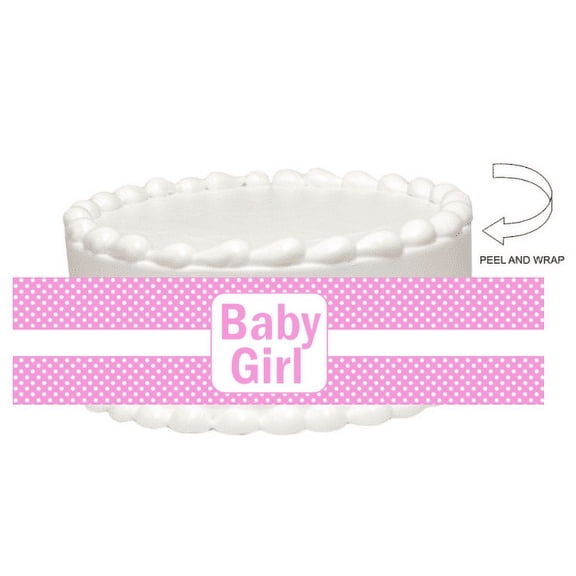 Pink Polka Dot Baby Shower Baby Girl Peel and Stick Edible Cake Decoration Image Wrap Ribbon