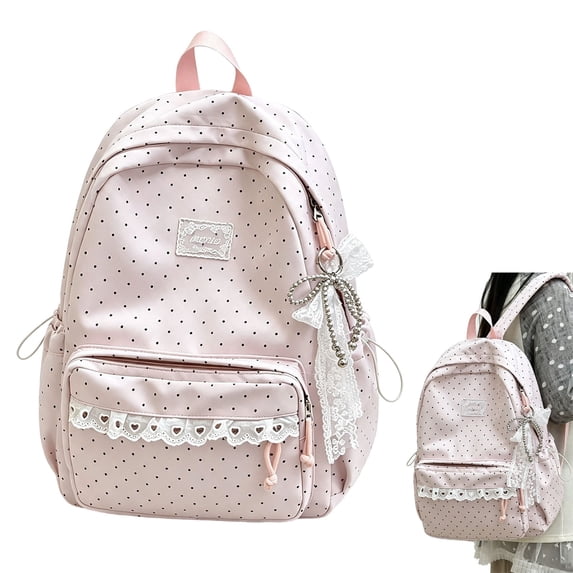 Pink Polka Dot Backpack, Aesthetic Daypack for with Lace Large Laptop Daypack, Lightweight study Bookbag with Spacious Main Compartment and Side Pockets, Travel Backpack for Teens