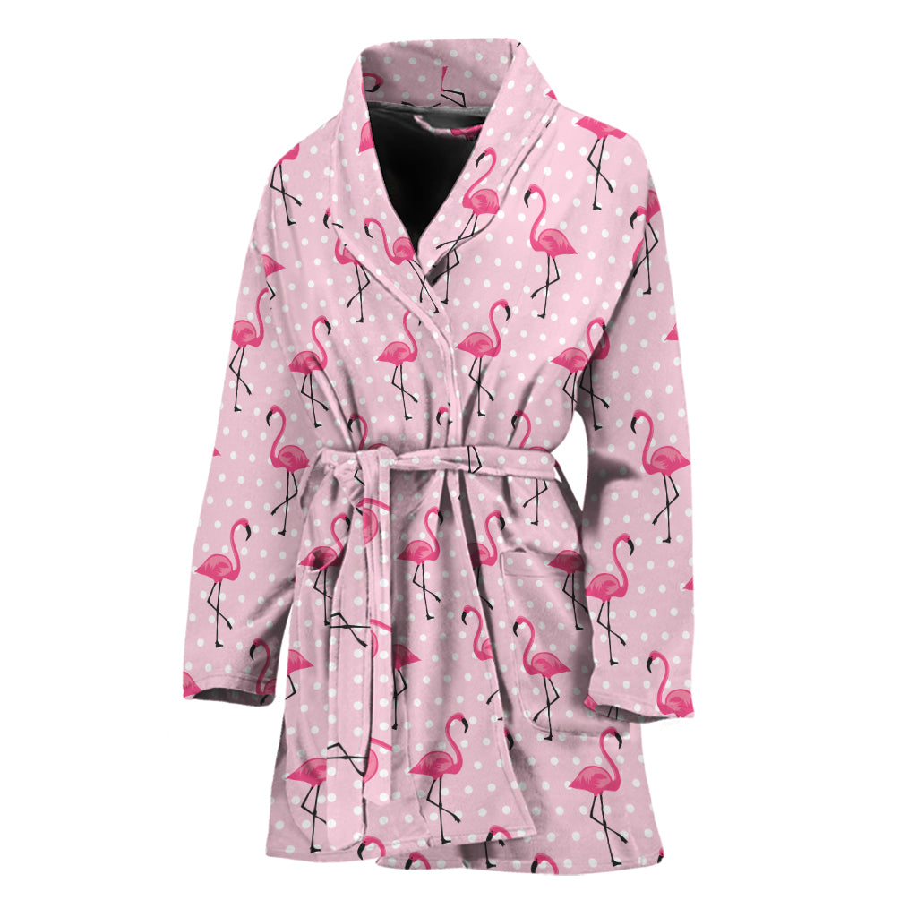 ladies flamingo dressing gown Cozy flamingo Design bathrobe for women | flamingo pattern dressing gown | Black unisex robe with flamingo motif