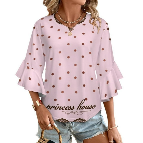 Pink Polka Dot Lace Border Women's V-Neck Blouse With 3/4 Ruffled Bell Sleeves Casual Top Ladies Blouses