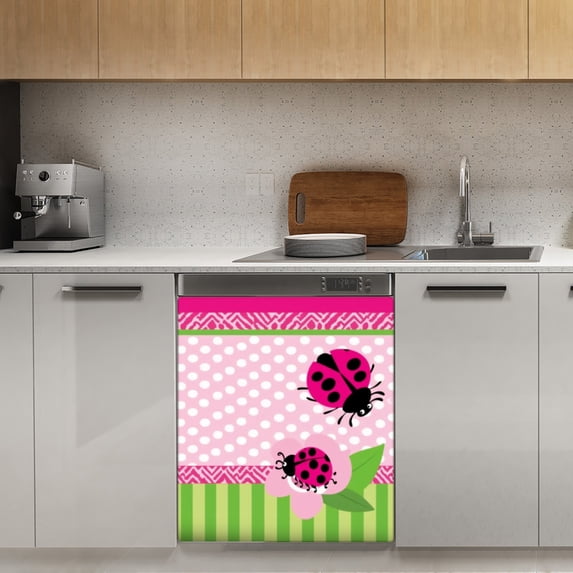Pink Polka Dot Ladybug Pattern-2 Dishwasher Magnet Cover Decorative Sticker for Home Cabinet Kitchen 23" x26"