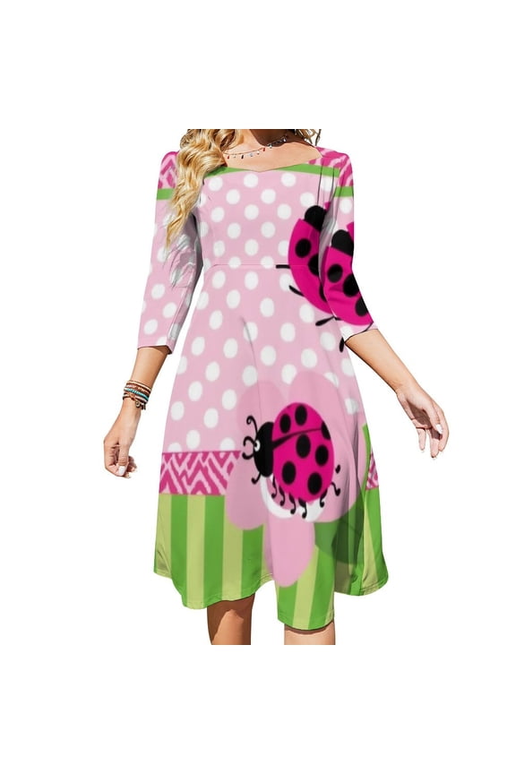 Pink Polka Dot Ladybug Pattern-2 Sweetheart Knot Flared Dress Fashion Design Large Size Loose Dress Spring Summer Women Dress