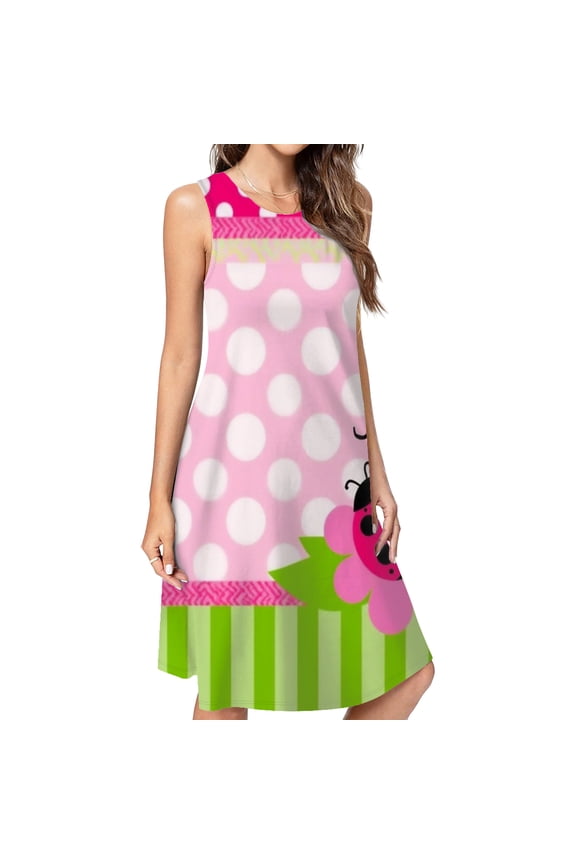 Pink Polka Dot Ladybug Pattern Dress Elegant Party Dresses Evening Dresses Women Dress Sleeveless Dress Ladies Dresses