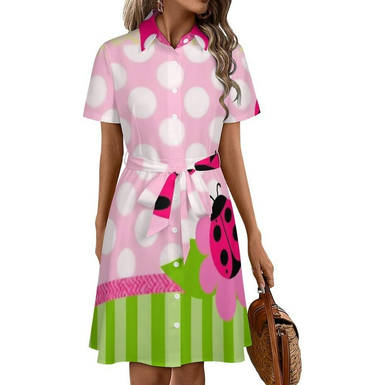 Pink Polka Dot Ladybug Pattern Womens Shirt Dresses Women'S Short