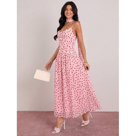Pink Polka Dot Sleeveless Cinched Waist Maxi Dress With Choker Detail For Women