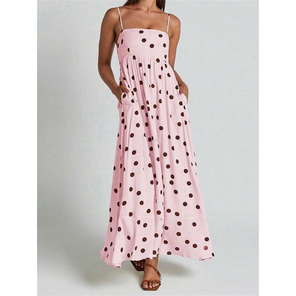 Pink Polka Dot Spaghetti Strap Maxi Sundress Flowy Summer Beach Vacation Dress