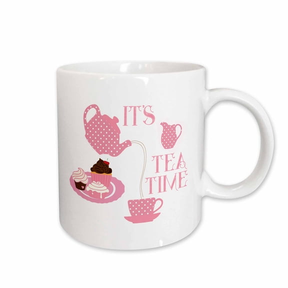 3drose, Pink Polka Dot Tea Set, Cakes. It Is Tea Time Positive Text, 11oz Mug