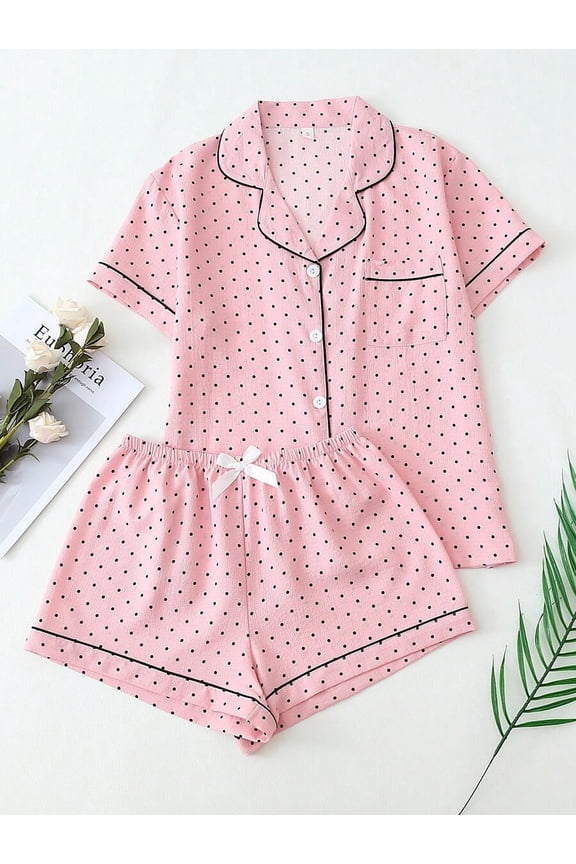 Pink Polka Dot Womens Short Sleeve Button-Up Pajama Set With Contrast Trim And Bow-Waist Shorts