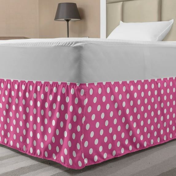 Pink Polka Dots Bed Skirt, Rows and Columns Ordered Arrangement Feminine Abstraction Graphical, Elastic Bedskirt Dust Ruffle Wrap Around for Bedding Decor, 4 Sizes, Pink and White, by Ambesonne