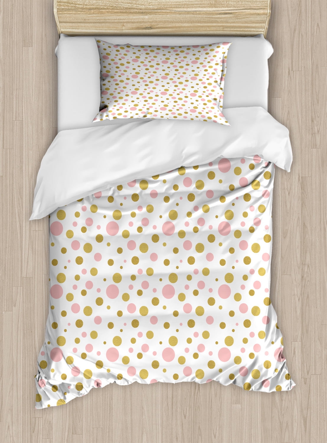 Pink Polka Dots Duvet Cover Set Twin Size, Blemishes in Small Big and Medium Sizes Golden Yellow Tone, 2 Piece Bedding Set with 1 Pillow Sham, Pale Pink Dark Khaki White, by Ambesonne