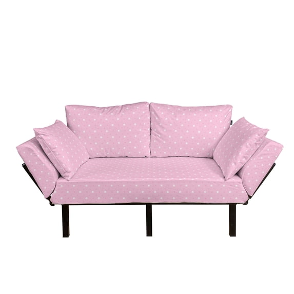 Pink Polka Dots Futon Couch, Brushed Little Round Shapes Big and Small Irregular Repetitive, Daybed with Metal Frame Upholstered Sofa for Living Dorm, Loveseat, Pale Pink White, by Ambesonne