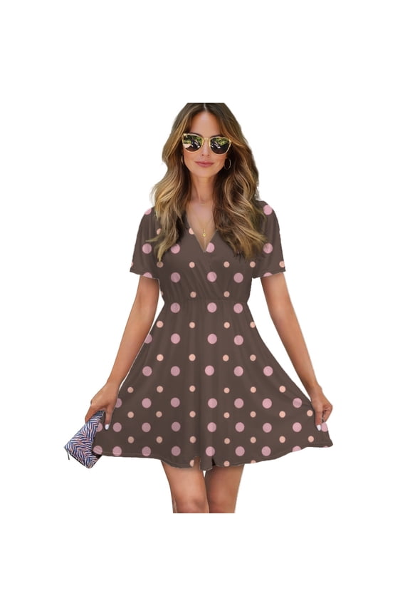 Pink Polka Dots On Brown Women Dress V-Neck Short Sleeve Flowy Swing Party Midi Dress