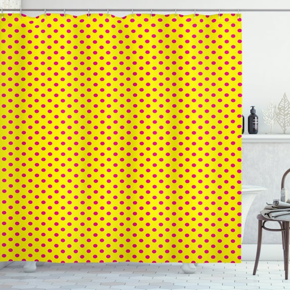 Pink Polka Dots Shower Curtain, Spots Repeating Pattern Cute and Plain Background Concept Pattern, Fabric Bathroom Set with Hooks, 69"W X 75"L Long, Magenta and Yellow, by Ambesonne