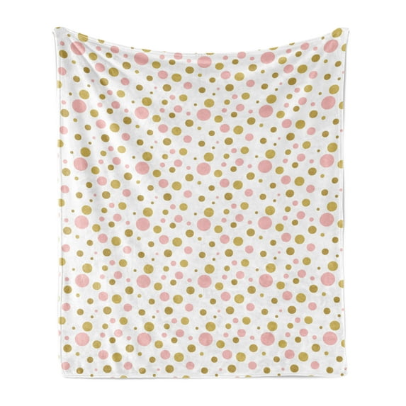Pink Polka Dots Soft Flannel Fleece Throw Blanket, Blemishes in Small Big and Medium Sizes Golden Yellow Tone, Cozy Plush for Indoor and Outdoor Use, 60" x 80", Pale Pink Dark Khaki, by Ambesonne