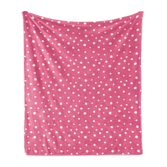 Pink Polka Dots Soft Flannel Fleece Throw Blanket, Monochrome Layout Pattern of Grunge Drawn Simple Rounds Illustration, Cozy Plush for Indoor and Outdoor Use, 50" x 70", Pink and White, by Ambesonne