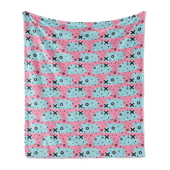 Pink Polka Dots Soft Flannel Fleece Throw Blanket, Repeating X and O Motifs with Irregular Spots, Cozy Plush for Indoor and Outdoor Use, 50" x 70", Pink Sky Blue, by Ambesonne