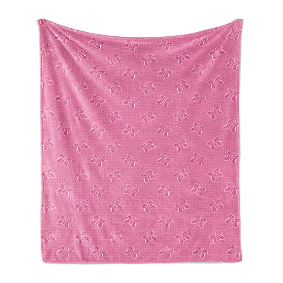 Pink Polka Dots Soft Flannel Fleece Throw Blanket, Spots and Butterflies Dotted Design Romantic Vintage Bridal Theme, Cozy Plush for Indoor and Outdoor Use, 70" x 90", Pale Fuchsia Pink, by Ambesonne