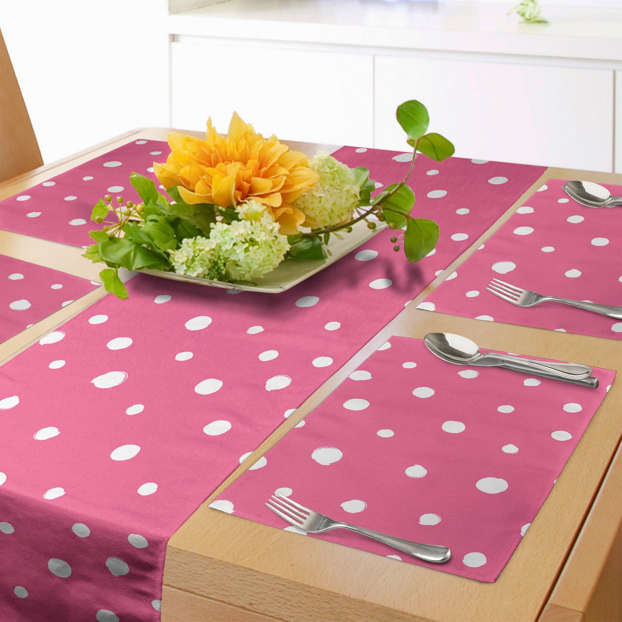 Pink Polka Dots Table Runner & Placemats, Monochrome Layout Pattern of