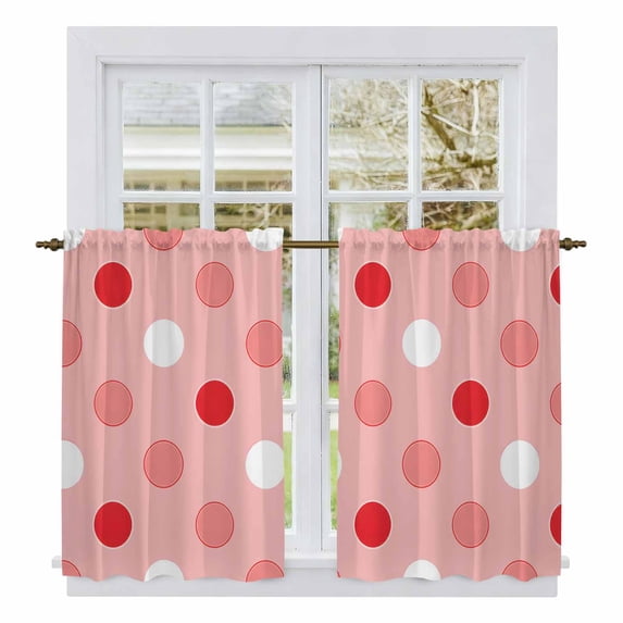 Pink Polka Dots Tier Curtains 54 Inch Length, Contemporary Simple Circle Dots Red Cafe Short Curtains for Bathroom Over Sink, Small Kitchen Curtain Light Filtering Tiered Drapes 2 Panels 27.5"Wx54"L