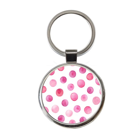 Pink Polka Dots White Background Metal Round Keychain