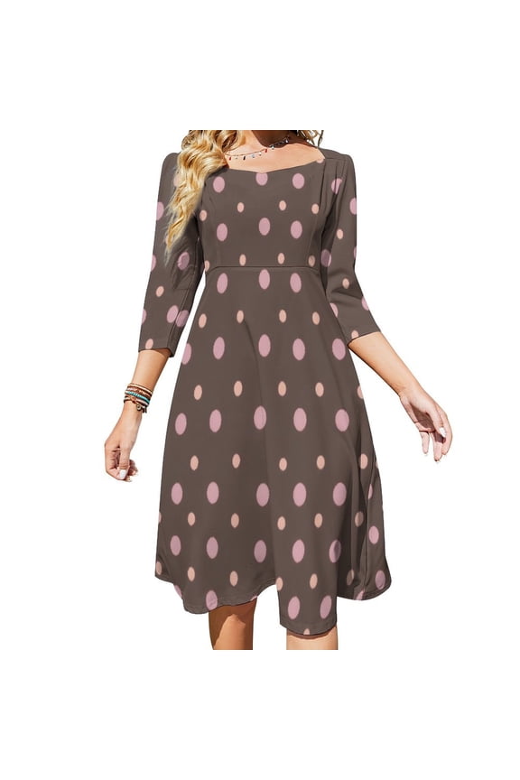 Pink Polka Dots on Brown-1 Flare Dress Square Neck Dress Elegant Female Fashion Printed Dress