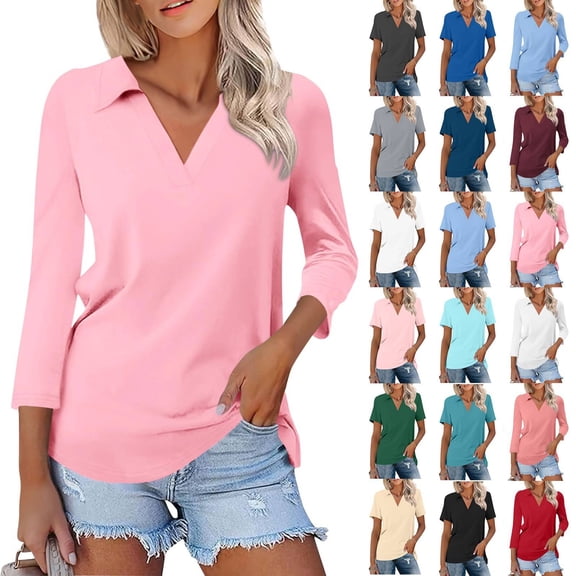 Pink Polo Shirts Women 3/4 Sleeve V Neck Collared Tops Loose Trendy Beach Casual Tees Summer, S