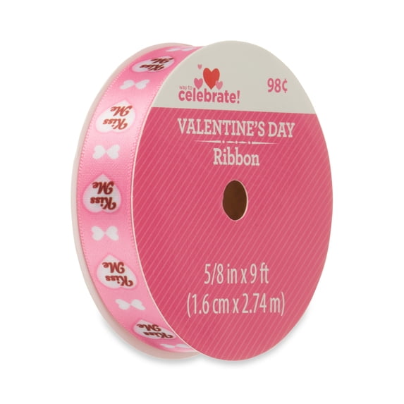 Pink Polyester Ribbon, Valentine's Day Kiss Me, 5/8" x 9'