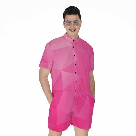Pink Polygonal Geometric Short Sleeve Men'S Rompers Casual Summer Jumpsuits Outfit