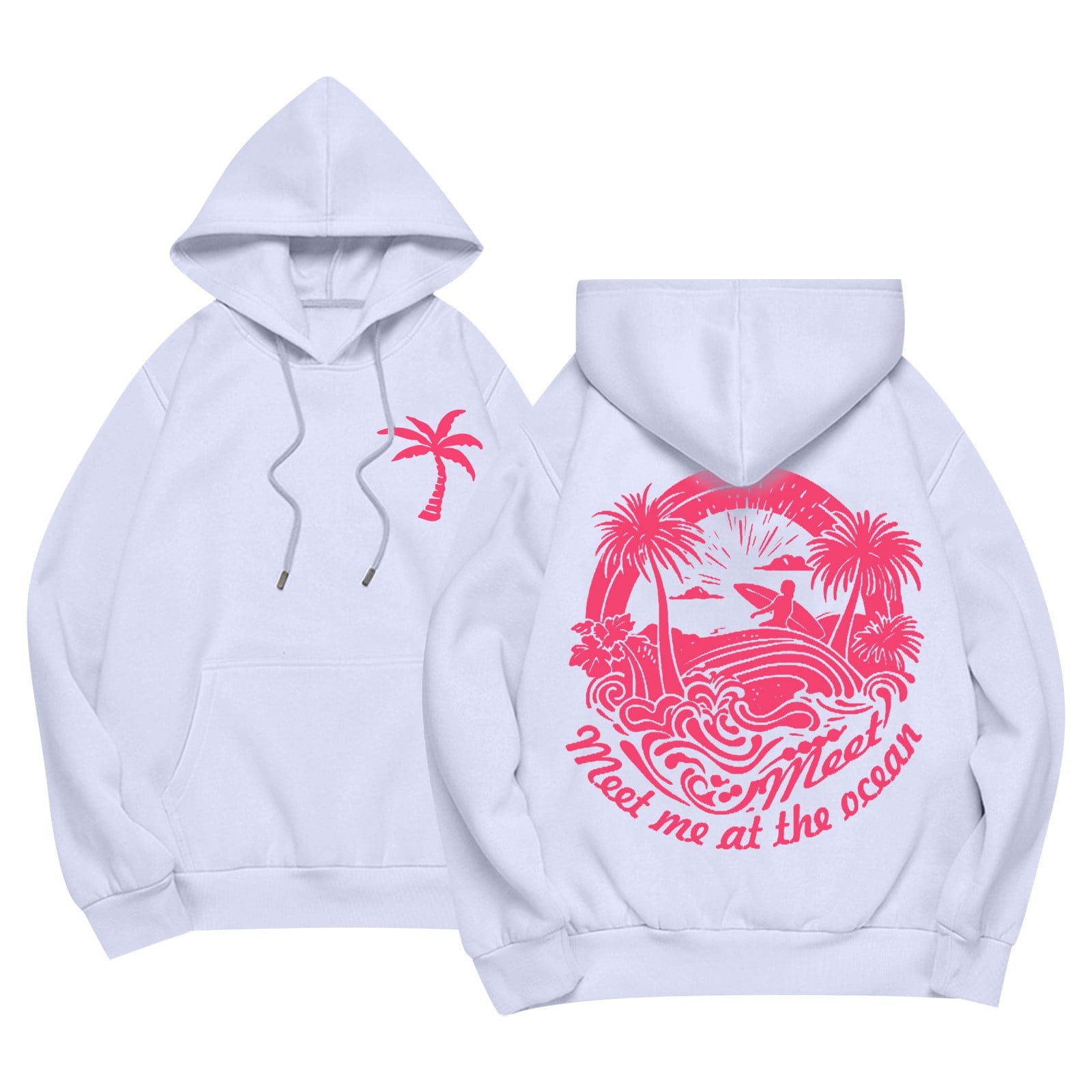 Pink Palm Puff Hoodie For Teen Girls Casual Long Sleeve