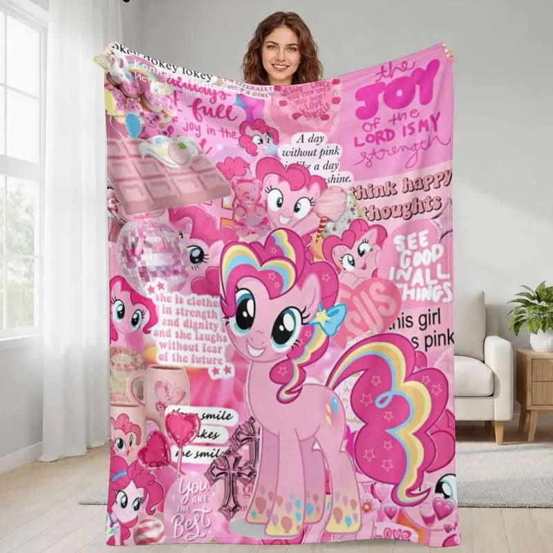 Pink Pony Aesthetic Sherpa Blanket, Sweet Treats Cartoon Collage, Cozy ...