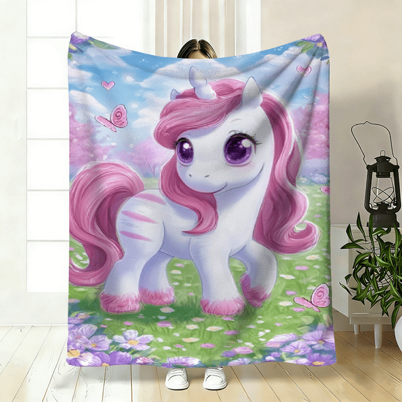 Pink Pony Pattern Flannel Throw Blanket. Warm All Season Decorative Blanket for Home Decor, Bed and Travel.