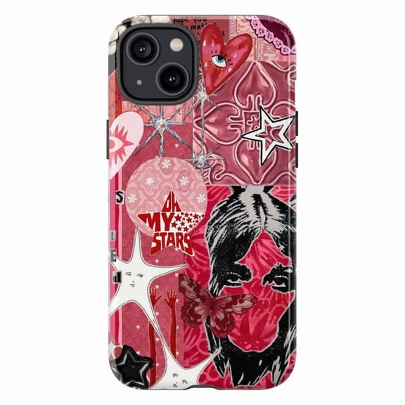 Pink Pop Art Face & Heart Collage Phone Case, Abstract Star Graphic Cover for iPhone 17 16 15 14 13 12 11 Pro Plus Mini
