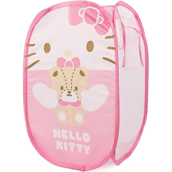 Pink Pop-Up Laundry Hamper with Cat Design and Bow - Foldable Collapsible Clothes Basket with Mesh Panels